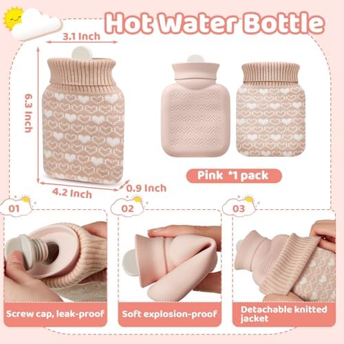 Amylove Mini Hot Water Bottle with Knitted Cover 320ml, Mother's Gift Water Bag for Women, Microwave Heating Bottle for Pain Relief Menstrual Cramps Travel(Beige)