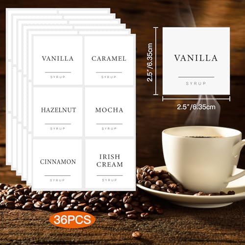 36PCS Coffee Syrup Labels,Minimalist Preprinted Coffee Syrup Stickers for Coffee Station,Waterproof White Coffee Bar Labels for Syrup Bottle & Dispenser Organization(2.5"x2.5")