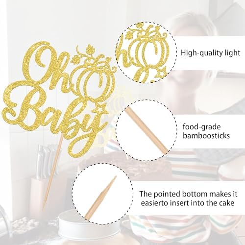 1 Pack Oh Baby Pumpkin Cake Topper Glitter Pumpkin Fall Harvest Cake Pick for Thanksgiving Baby Shower Kids Birthday Party Autumn Theme Party Cupcake Decoration Supplies Gold