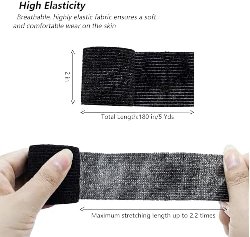 12 Pack Self Adhesive Bandage Wrap 2 Inches X 5 Yards Black Athletic Tape Non-Woven Breathable Elastic & Cohesive Bandage Wrap for Sports, Wrist, First Aid, Pets (12 Count)