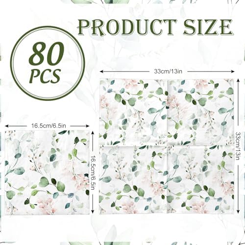Whaline 80Pcs Eucalyptus Floral Paper Napkins Watercolor Greenery Leaves Flower Disposable Napkin Spring Sage Green Pink Luncheon Dinner Napkin for Wedding Birthday Baby Shower Bridal Party Supplies
