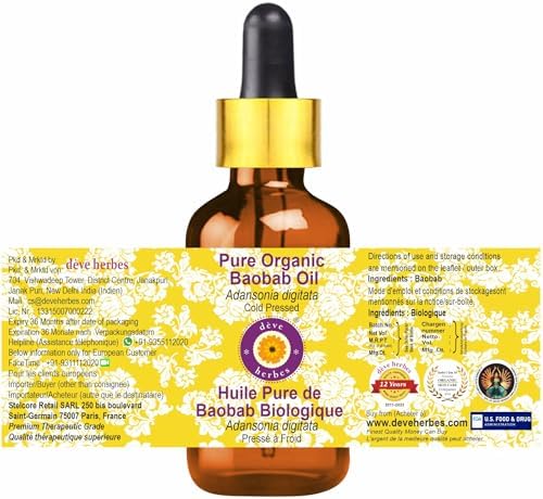 Greenwood Essential Pure Organic Baobab Oil (Adansonia digitata) with Glass Dropper 100% Natural Therapeutic Grade Cold Pressed for Personal Care 15ml (0.50 oz)