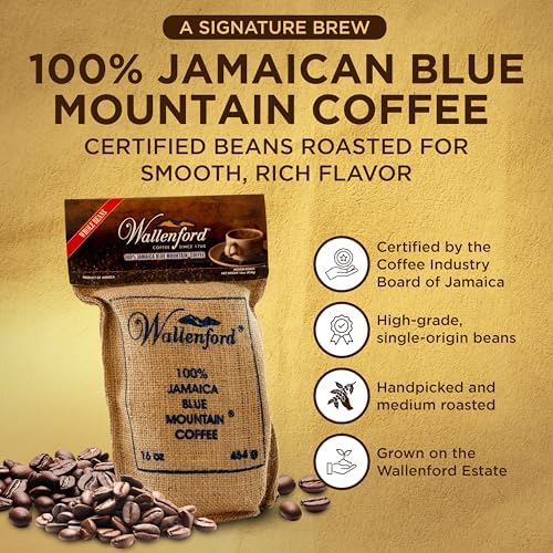 Wallenford's 100% Jamaica Blue Mountain Roasted Whole BeanCoffee - Authentic Jamaican Blue Mountain Coffee Beans, Blue Mountain Coffee from Jamaica - 16oz