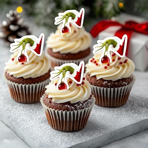 50 PCS Edible Merry Christmas Cupcake Toppers Wafer Paper Green Monster Hand Cake Toppers Merry Christmas Party Decorations for Xmas Theme Baby Shower Birthday Monster Party Cake Decorations Supplies
