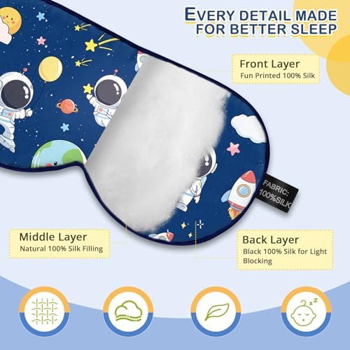 Kids Silk Sleep Mask: 100% Mulberry Silk Eye Mask with Adjustable Strap, Cute Sleeping Blindfold for Boys Girls Teens, Soft & Lightweight Eye Shade for Travel, Nap, Bedtime (Space Style)