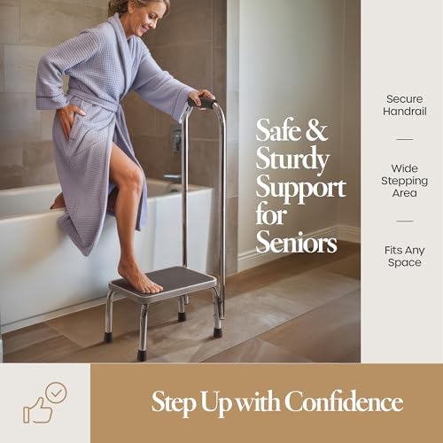 Step Stool with Handle for Adults Step stools with Handle for Elderly for Bed Chrome-Plated Steel Frame 330Lbs Capacity Use at Home Bathroom Kitchen