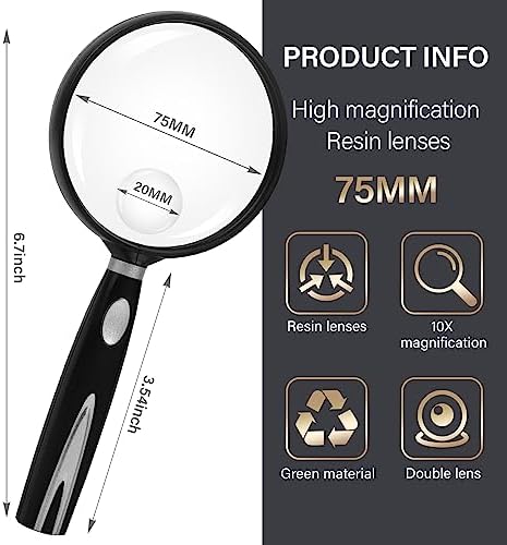 Feosky Handheld Reading Magnifier, 10X Magnifier, 75mm Shatterproof Lens, Non-Slip Handle for Adults Close Work, Seniors Reading and Nature Exploration, Hobby Observation(Silver)