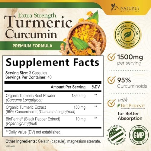 Turmeric Curcumin Supplement 1500mg - Organic Tumeric & BioPerine Black Pepper for Best Absorption with 95% Curcuminoids, Nature's Joint & Immune Support, Non-GMO, Bottled in USA - 120 Capsules
