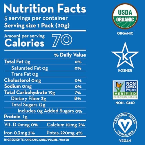 Sunny Fruit Soft Organic Pitted Prunes - 1 Bag (5 Individual Portion Packs) | No Preservatives, No Sugar Added | Healthy, Convenient Dried Plums Snack Packs | ORGANIC, NON-GMO, VEGAN, HALAL, KOSHER