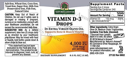 Nature's Answer Vitamin D-3 Drops 4000 IU 0.5 Fluid Ounce | Natural Immune Booster | Promotes Muscle and Bone Function | Supports Cardiovascular Health