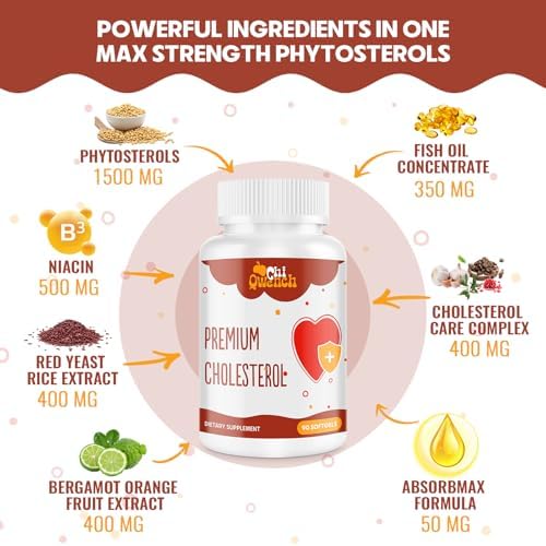 Cholesterol Supplements with Plant Sterols, Niacin, Red Yeast Rice, Citrus Bergamot, Garlic, Cholesterol Supplement Support Normal Cholesterol Levels, 90 Softgels