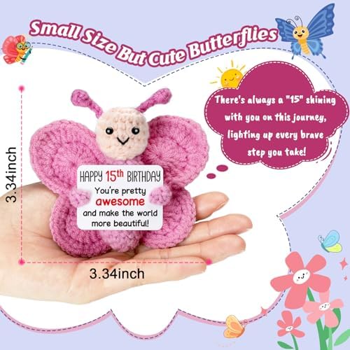 Pink Crochet Butterfly 15th Birthday Gift for Girls, Handmade 4" Amigurumi Plush with “Happy 15th Birthday” Sign, Cute Teen Girl Desk Decor, Small Stuffed Butterfly