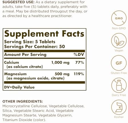 Solgar Calcium Magnesium Citrate, 250 Tablets (Pack of 2) - Supports Healthy Bones & Teeth - Musculoskeletal & Nervous System Support - Highly Absorbable - Non-GMO and Vegan - 100 Total Servings