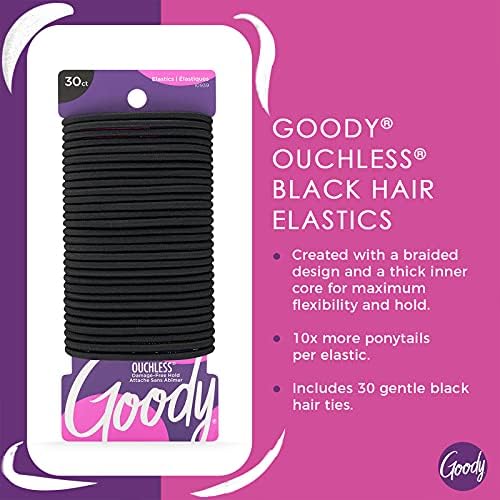 Goody Ouchless Hair Elastics - No Pull, No Breakage, Tangle-Free Hold for Thick, Curly, Coily & Textured Hair - 30 Count, Black, Long-Lasting Ponytail Holders for Women & Men