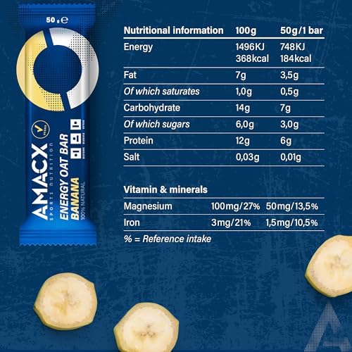 AMACX Energy Oat Bar for Endurance Sports – 12 x 50g – Energy Bars Carbohydrate mix (31g) – Vegan Protein Bar with 50mg magnesium – Running & Hiking Snacks – Healthy Oatmeal Power Bars - Banana