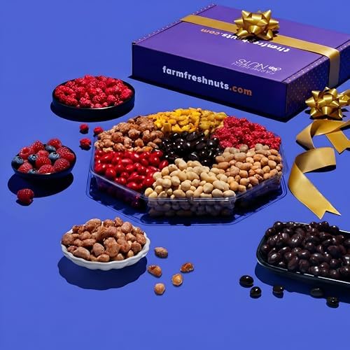 Nut And Chocolate Gift Basket - Gourmet Chocolate & Nuts Gift Basket - Thank You - Holiday Box - Get Well - Birthday Family Parties & Movie Night or as a Corporate Tray - 7 Sections