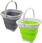 SAMMART 2.6L (0.68 Gallon) Super Mini Sqare Collapsible Plastic Bucket - Foldable Square Tub - Portable Fishing Water Pail - Space Saving Outdoor Waterpot (Grey/Grass Green (Set of 2))