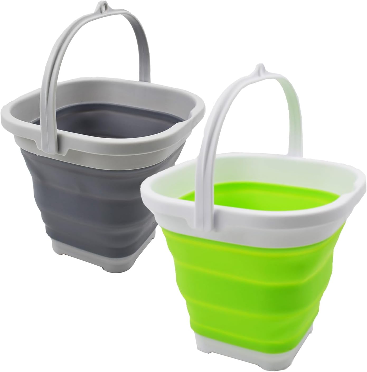 SAMMART 2.6L (0.68 Gallon) Super Mini Sqare Collapsible Plastic Bucket - Foldable Square Tub - Portable Fishing Water Pail - Space Saving Outdoor Waterpot (Grey/Grass Green (Set of 2))