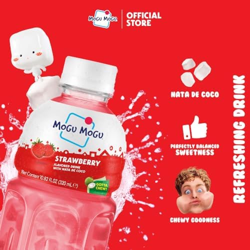 Mogu Mogu Strawberry Juice Drink with Nata de Coco (Coconut Jelly) – Chewy Fruit Beverage for Kids & Adults, 6 Pack Bottles, 10.82 fl oz Each