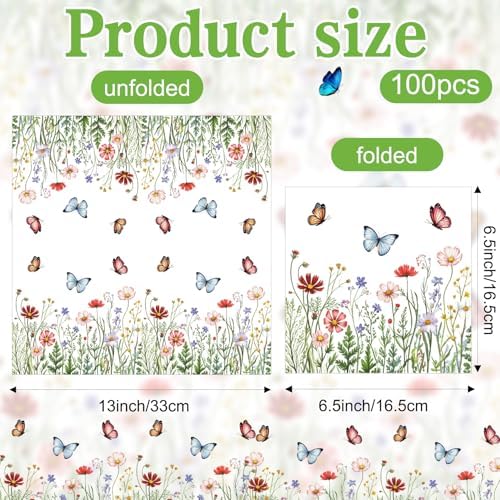 Wildflower Napkins, 100 PCS Floral Napkins Party Decorations, Spring Napkins Paper, Flower Decorative Dinner Cocktail Napkin Disposable for Summer Spring Baby Shower Party Favor Supplies(6.5 * 6.5)