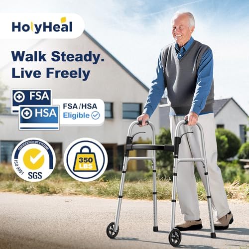 Folding Walkers for Seniors with 2 Skis and 5" Wheels, Lightweight Adult Rolling Walker, Supports Up to 350 Pounds, Adjustable Height, Aluminum Standard Walker, Silver