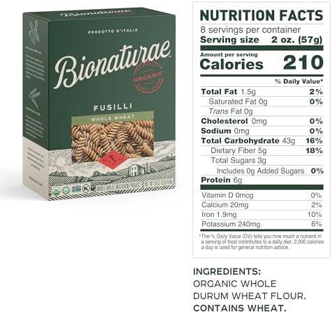 Bionaturae Fusilli Pasta Noodles - Whole Wheat Pasta, Kosher Certified, High Protein, Non-GMO Verified, USDA Certified, Whole Wheat Fusilli, Fusilli Pasta Organic, Crafted in Italy - 16 Oz