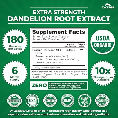 Zazzee USDA Organic Dandelion Root 10:1 Extract, 180 Capsules, 6 Month Supply, Liver & Detox Support, Taraxacum Officinale, Organic Herbal Supplement, All-Natural, Non-GMO, Made in the USA
