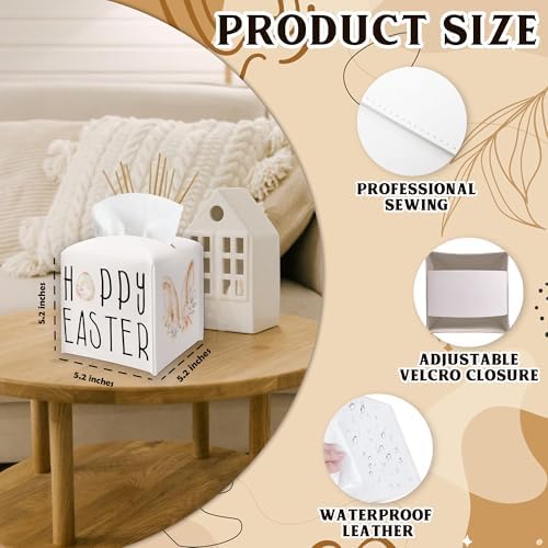 Happy Easter PU Leather Tissue Box Cover - Cute Bunny Ears Decorative Tissue Holder - Festival Waterproof Dispenser Box - Facial Paper Organizer Home Decor for Living Room, Bathroom, Office - A07