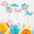 24Pcs Boy or Girl Cupcake Toppers Pink Blue Glitter Crown Moustache Baby Shower Cupcake Picks He or She Footprint Cake Topper Decorations for Gender Reveal Theme Baby Shower Kids Birthday Party