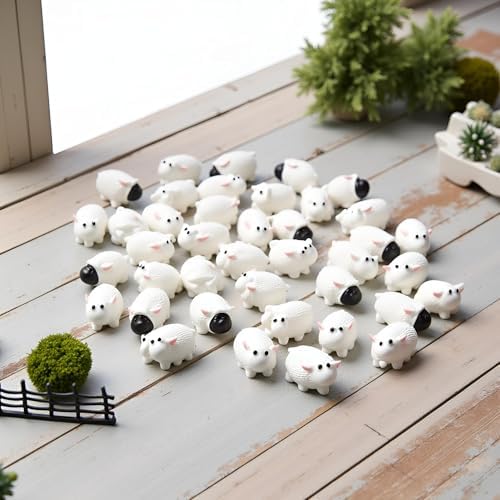 40Pcs White Mini Sheep Herd Figurines - Cake/Cupcake Toppers, Terrarium and Moss Landscape Decor, DIY Miniature Crafts for Fairy Gardens, Home Décor and Model Scenes