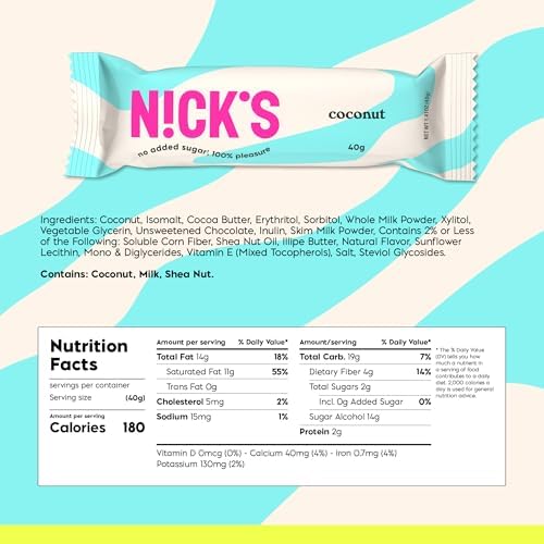 NICKS Coconut Keto Chocolate Candy Bars No Added Sugar, Gluten Free Sweets Low carb Candy Snack Bar – 15-Pack (40g Each)