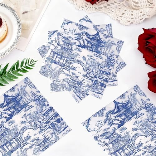 100Pcs Blue Willow Chinoiserie Paper Napkins 3-ply 6.5'' x 6.5" Disposable Blue and White Large Dinner Size Napkins Pagoda Chinoiserie Printed Square Beverage Napkin for Dinner Luncheon Party Supplies