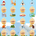 48 Pack Camping Cupcake Toppers Tree Tent Bonfire Guitar Cupcake Picks for Kids Camper Theme Woodland Adventure Party Baby Shower Birthday Party Decoration Supplies