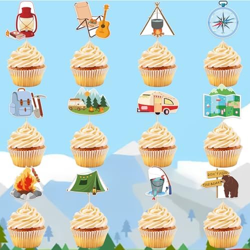 48 Pack Camping Cupcake Toppers Tree Tent Bonfire Guitar Cupcake Picks for Kids Camper Theme Woodland Adventure Party Baby Shower Birthday Party Decoration Supplies