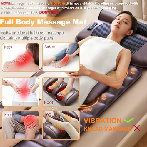 Vibration Massage Mat,Full Body Vibrating Heating Massage Pad,10 Vibration Motors,3 Strength Adjustments, with Detachable Neck Massage Headrest and Multifunctional Leg,Foot Massagers,for Home Office