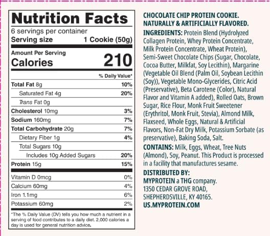 Myprotein Baked Protein Cookie, Chocolate Chip Flavor, High Protein Snack with 60g Protein Per Box (15g Per Cookie), 6 Soft-Baked 60g Cookies, Delicious Post-Workout Treat, 210 Calories Each