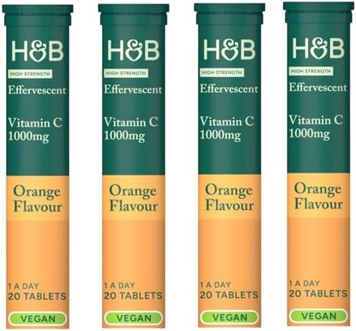 Holland and Barrett High Strength Effervescent VIT C & Zinc Orange Flavour 20 Tablets (Pack of 4) Total 80 Tablets