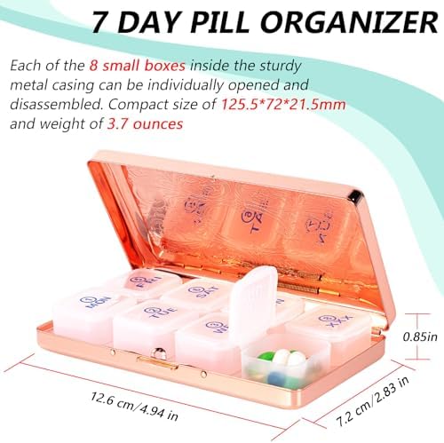 Pill Organizer 7 Days 8 Compartments, Travel Metal Pill Box, BPA-Free Portable Pill Box (Pattern Rose, Large)