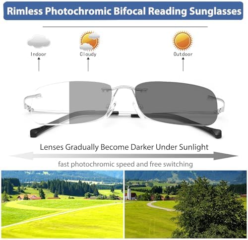 Rimless Bifocal Reading Glasses Transition Photochromic Sunglasses Blue Light Blocking Titanium Readers Man Woman UV