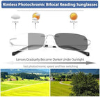 Rimless Bifocal Reading Glasses Transition Photochromic Sunglasses Blue Light Blocking Titanium Readers Man Woman UV