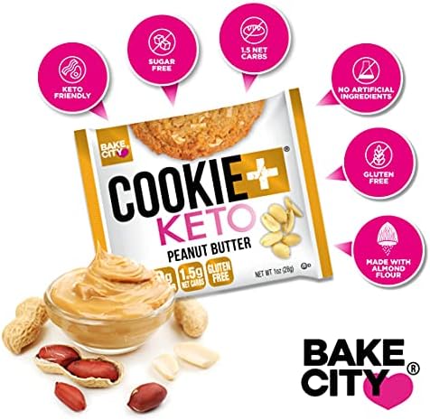 Bake City Cookie Plus Keto | 1oz Peanut Butter Cookies (12 pack), Gluten Free, 0g Sugar, Only 1.5g Net Carbs, Good Fats, 5g Protein, Kosher, No Artificial Flavors