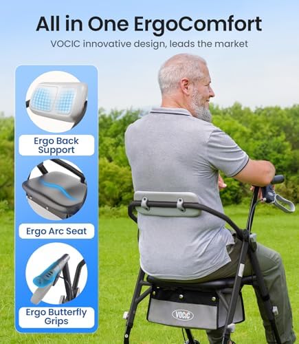 VOCIC Walkers for Seniors, Z11 Rollator Walker with Seat, Max 380 lbs, Avant Walkers with Ergo Seat & Backrest, Foldable Rollator Adjustable Height, All Terrain Walker, Lightweight