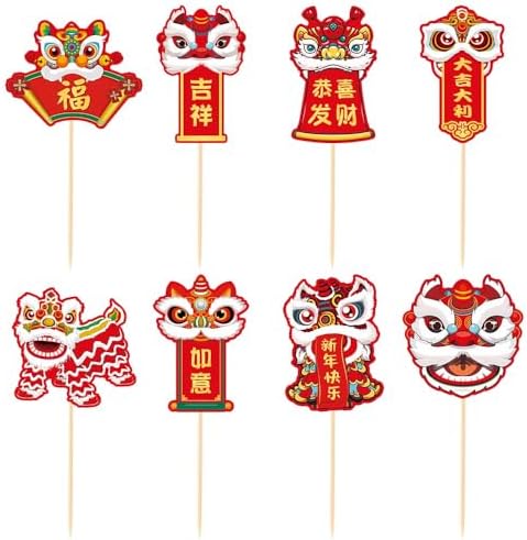 Chinese New Year Cupcake Toppers, 24 Pieces Dessert Cake Decorations for Spring Festival, Lunar New Year Party Supplies