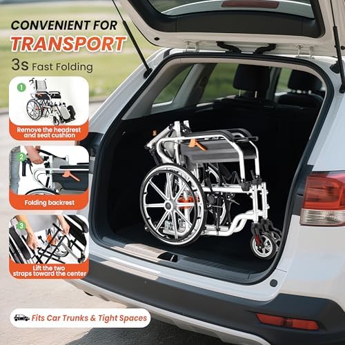 3in1 180° Reclining Transport Wheelchairs with 18.5in Wide seat, Lightweight Travel Transit WheelchairsWheelchair Foldable, Shower Bathroom Wheelchair, Portable Self-Propelled Wheelchairs