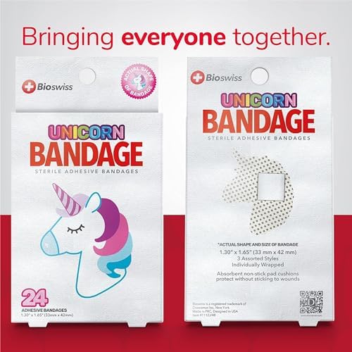 BioSwiss Bandages, Unicorn Shaped Self Adhesive Bandage Set, Latex Free, Sterile Wound Care, 24 Count