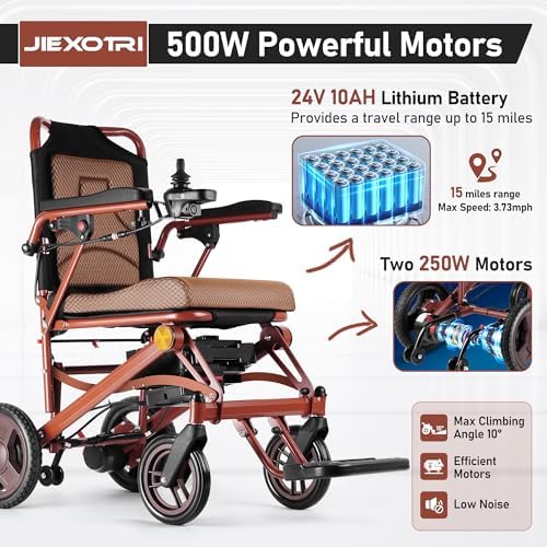 Electric Wheelchairs for Adults Foldable Lightweight at Only 35lbs, 500W Dual Motors Motorized Wheelchairs for Seniors, All Terrain Travel Powered Wheel Chairs, Support 250 lbs, Brown