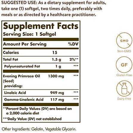 Solgar Evening Primrose Oil 1300 mg, 60 Softgels - Promotes Healthy Skin - Nutritional Support for Women - Non-GMO, Gluten Free, Dairy Free - 60 Servings