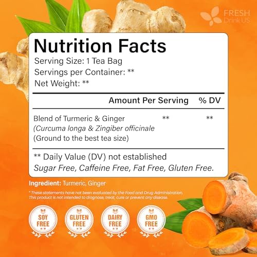 FreshDrinkUS, Premium 135 Ginger Turmeric Tea Bags, 100% Natural Ingredients, Hand-made Blend of Ginger and Turmeric Herbal Tea, Eco-conscious Tea Bags. No Sugar, No Caffeine, No Gluten, Vegan.