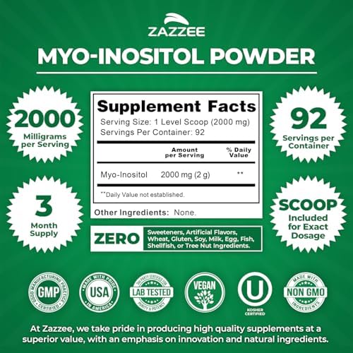 Zazzee Myo-Inositol Powder, 3 Month Supply, 92 Servings, 2000 mg per Serving, Free Scoop for Exact Dosage, 6.49 Ounces, Certified Kosher, 100% Pure, Fertility & Reproductive Support, Made in the USA