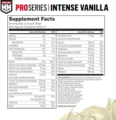 Muscle Milk Pro Series Protein Powder Supplement, Intense Vanilla, 2 Pound, 11 Servings, 50g Protein, 3g Sugar, 20 Vitamins & Minerals, NSF Certified for Sport, Workout Recovery, Packaging May Vary